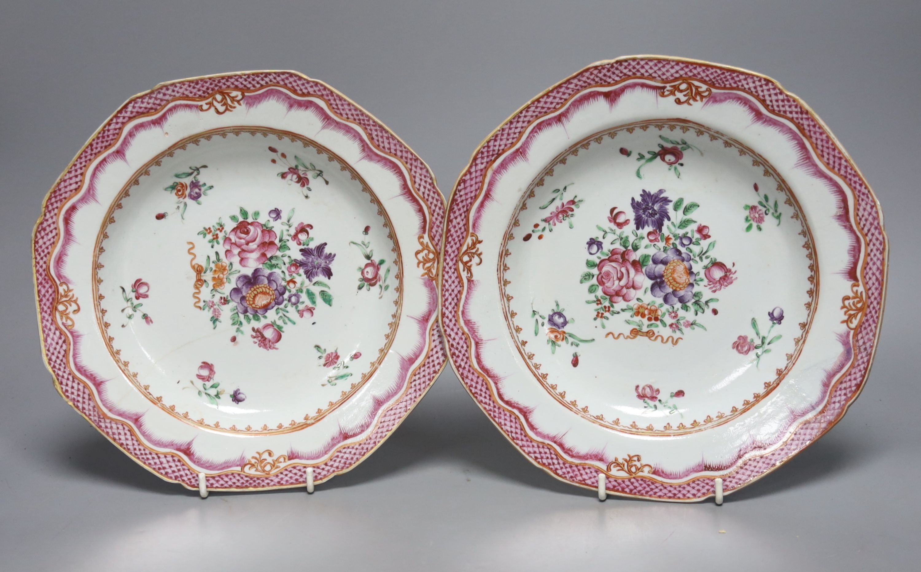 Four Chinese famille rose dishes or plates, 18th century and later, largest 24cm